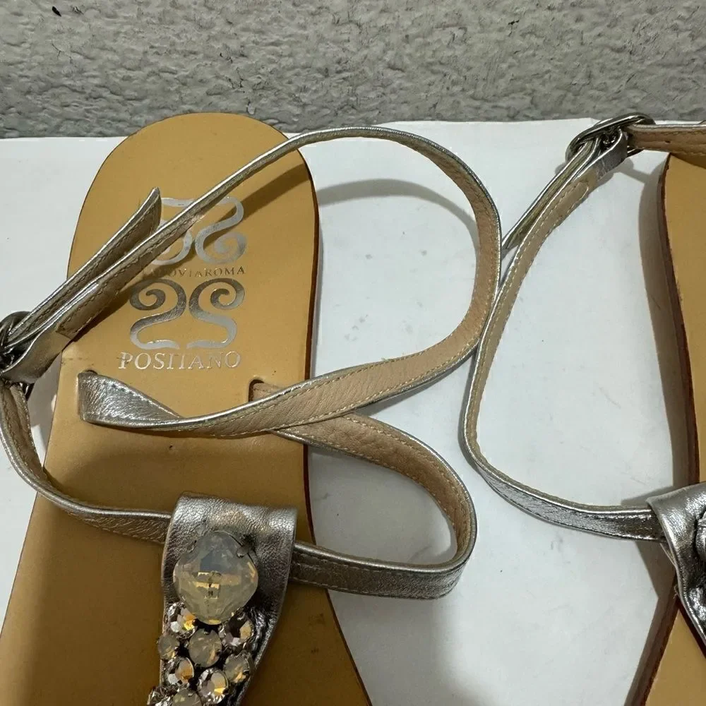 Positano Metallic silver Multicolor Jeweled Thong Sandal Made In Italy Size 10